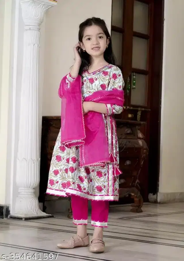 Rayon Printed Kurti with Dupatta & Sharara for Girls (Pink & White, 7-8 Years)