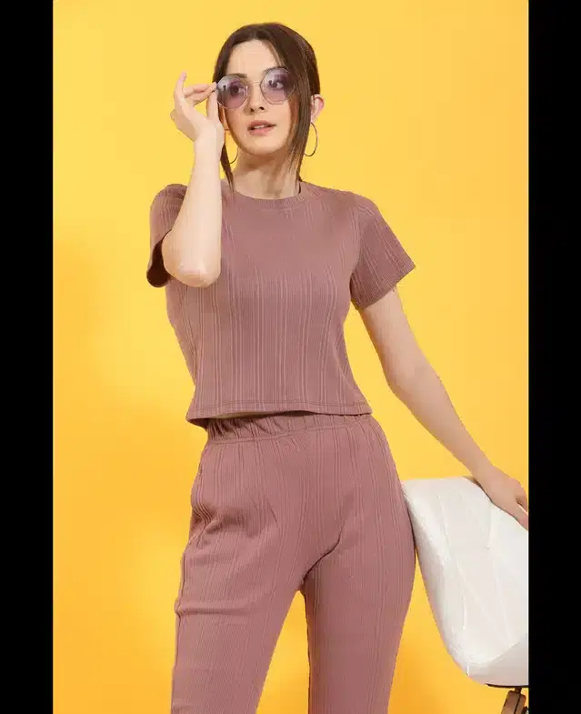 Solid Top & Bottom Set for Women (Dusty Pink, L)