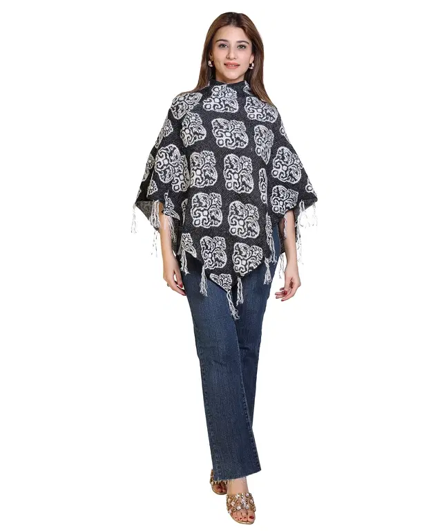 Woolen Self-Design Ponchos for Women (Black, M)