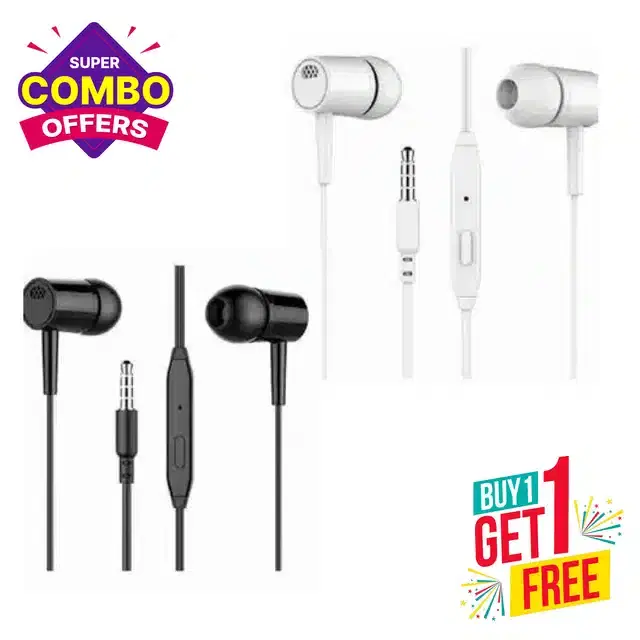 Wired In-Ear Headphones with Mic, Pack of 2, Black & White