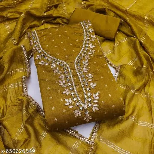 Chanderi Cotton Punjabi/All Over Suits Semi-Stitched Suits (Yellow, 5.85 meter for Women (S)