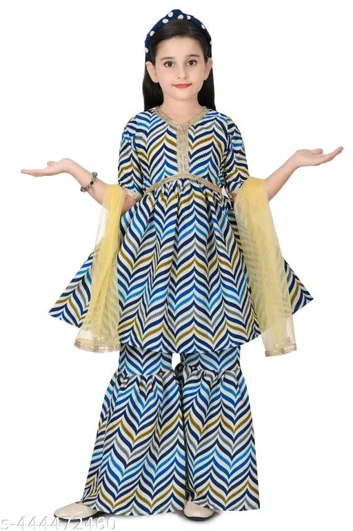 Poly Silk Kurta Set for Girls (Blue, 7-8 Years)