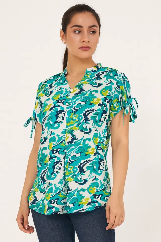 Women's Abstract Print Mandarin Collar Top, L (Teal)