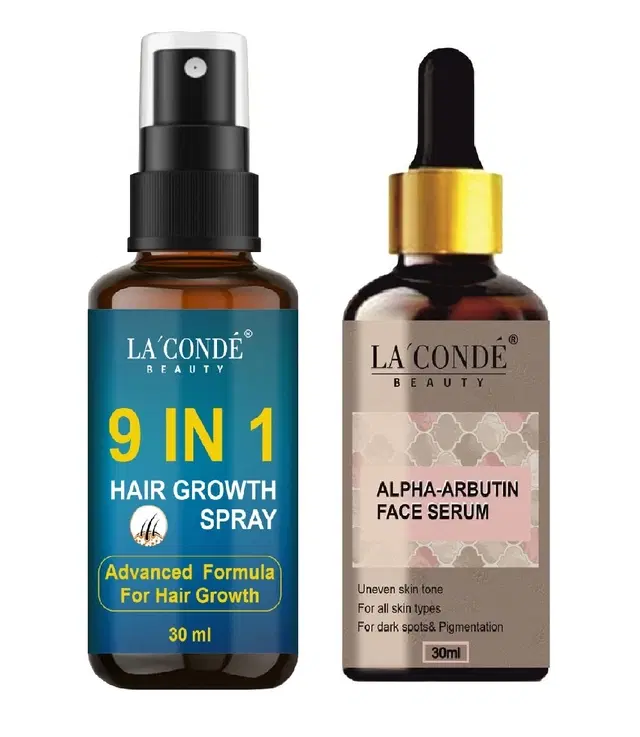 Combo of La'Conde Beauty 9 in 1 Hair Growth Spray & Alpha Arbutin Face Serum, 30 ml, Set of 2