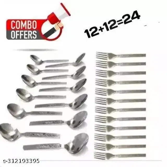 Plastic 12 Pcs Spoons with 12 Pcs Forks, Silver, Set of 2