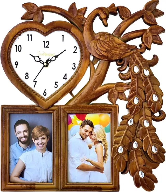 Kc Arts Heart Peacock Wall Clock With Photo Frame