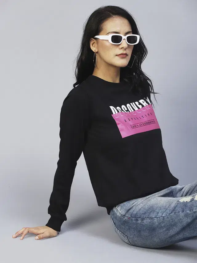 Women's Printed Round Neck Sweatshirt (Black, S)