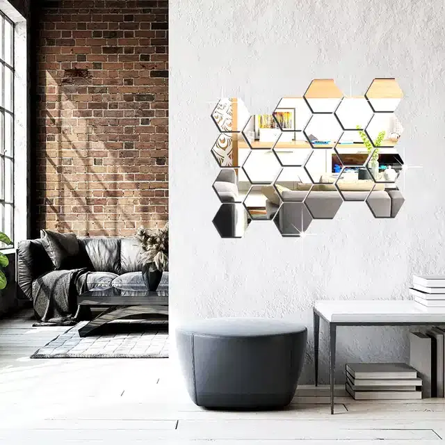 Acrylic Hexagon Shaped Wall Mirror Stickers, Silver, Pack of 22