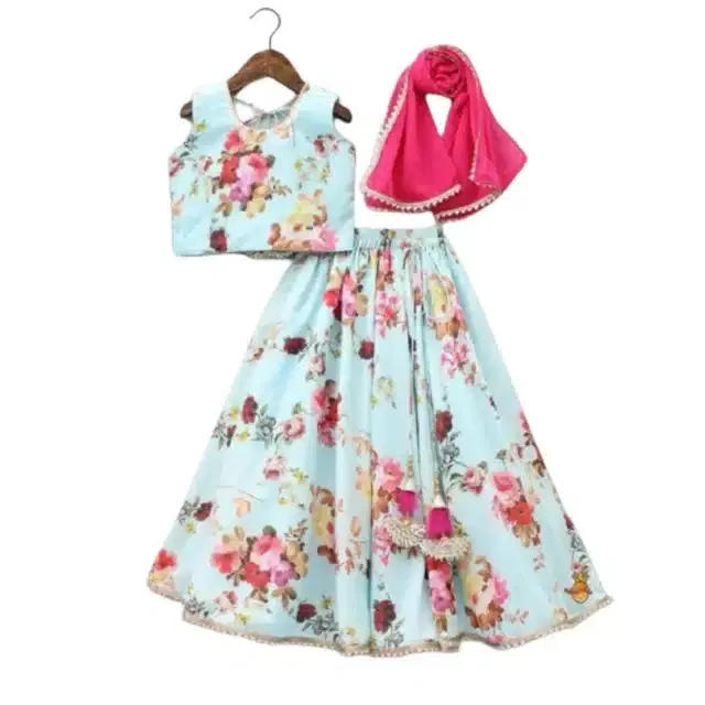 Cotton Blend Printed Lehenga Choli with Dupatta for Girls (Sky Blue & Pink, 2-3 Years)