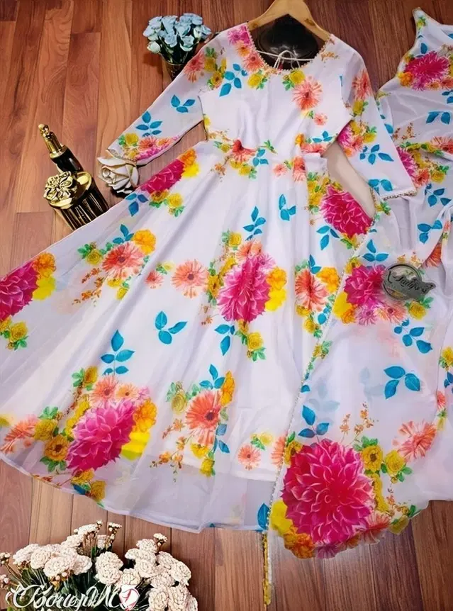 Georgette Printed Gown with Dupatta for Girls (Multicolor, XS)