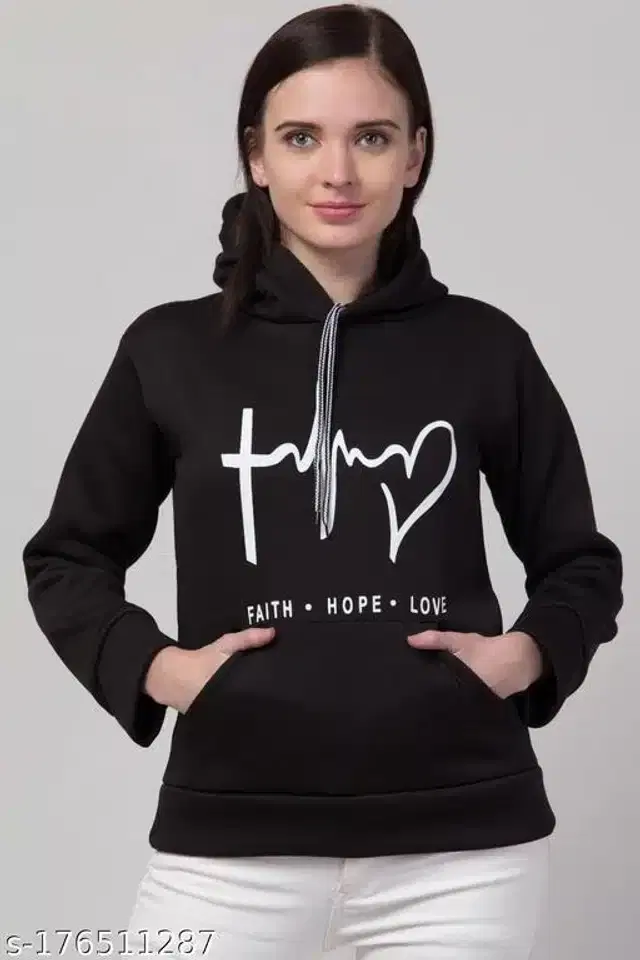 Polyester Printed Full Sleeves Hooded Sweatshirt for Women (Black, M)