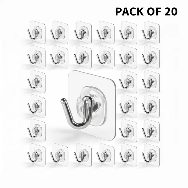 Plastic Wall Hooks, Transparent (Pack of 20)