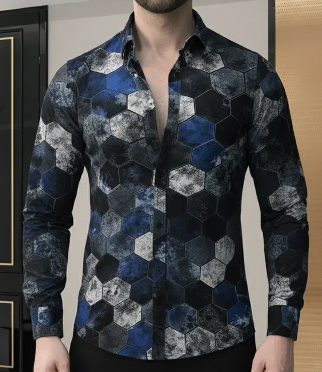 Lycra Geometric Print Shirt for Men, Blue (S)