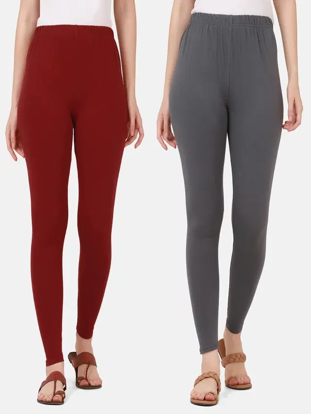 Cotton Solid Leggings for Women, Pack of 2 (Maroon & Grey, S)