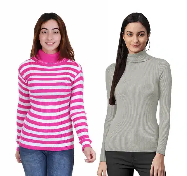 Full Sleeves Solid Sweater for Women, Pack of 2 (Grey & Dark Pink, S)