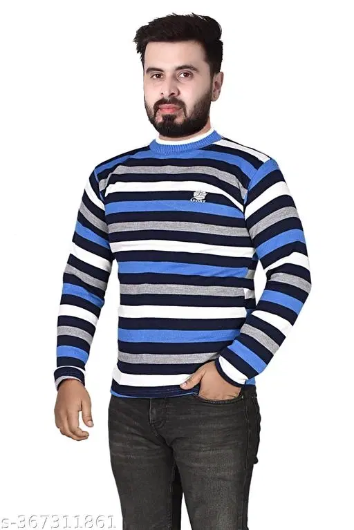 Woolen Striped Sweater for Men (Blue, M)