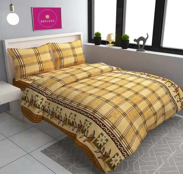 Fleece Printed Double Bedsheet with Two Pillow Covers, Mustard, 90x100 Inches