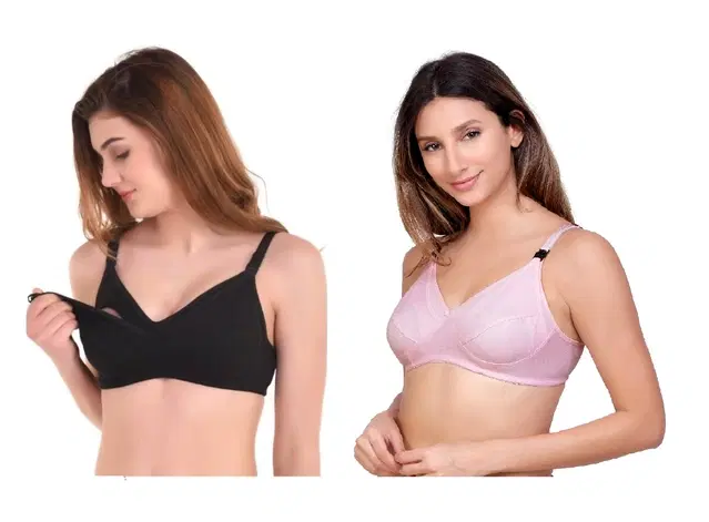 Cotton Blend Solid Non Padded Feeding Bras for Women, Pack of 2 (Multicolor, 32)