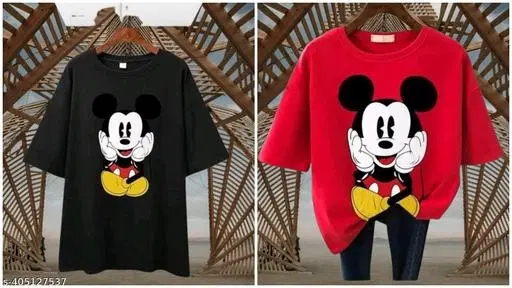 Cotton Blend T-shirt for Women, Black & Red, Pack of 2 (S)