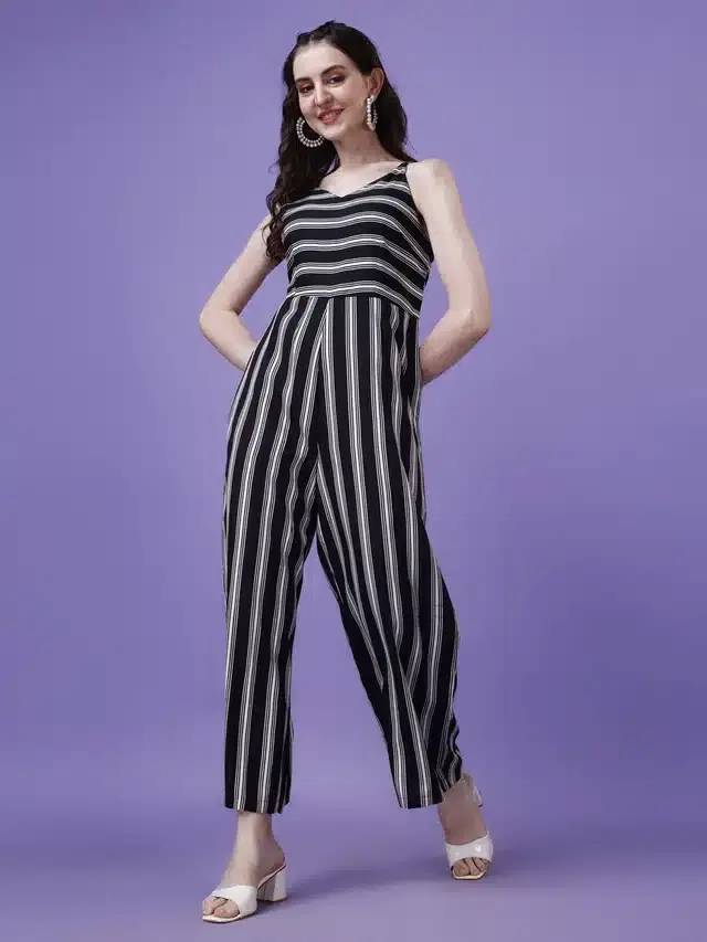 Crepe Jumpsuit for Women (Black & Grey, M)