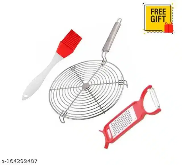 Stainless Steel BBQ Grill with Oil Brush & Peeler, Red & Silver, Set of 3