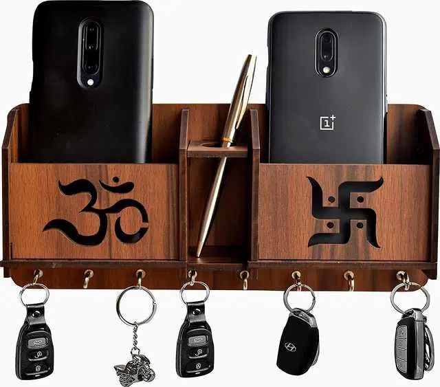 Wood 2 Pocket Mobile & Key Holder For Home Decor, Brown, NC-014