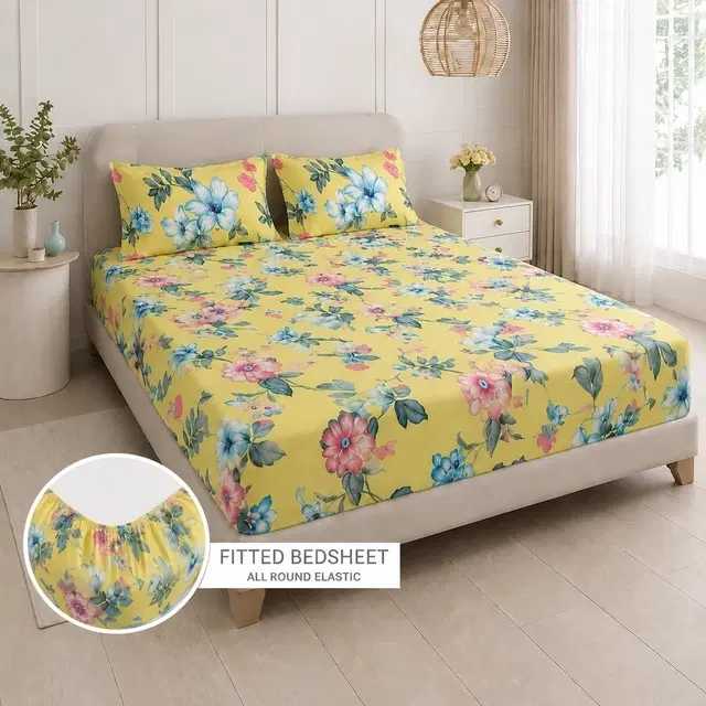 SimpleHome Microfiber Fitted King Bedsheet Floral Yellow 72x78inch