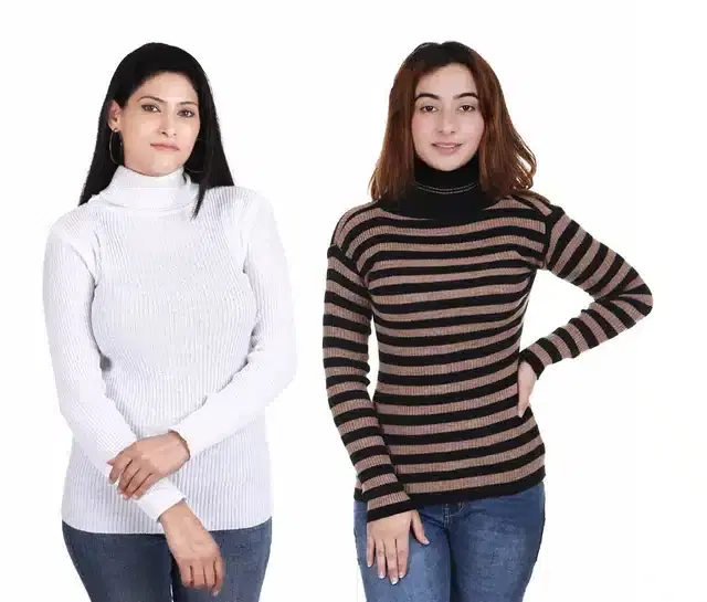 Full Sleeves Solid Sweater for Women, Pack of 2 (White & Brown, S)