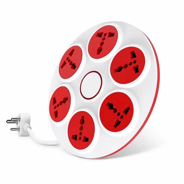 SimpleHome 6-In-1 360° Rotatable Extension Board With 2 Meter Cable, White & Red