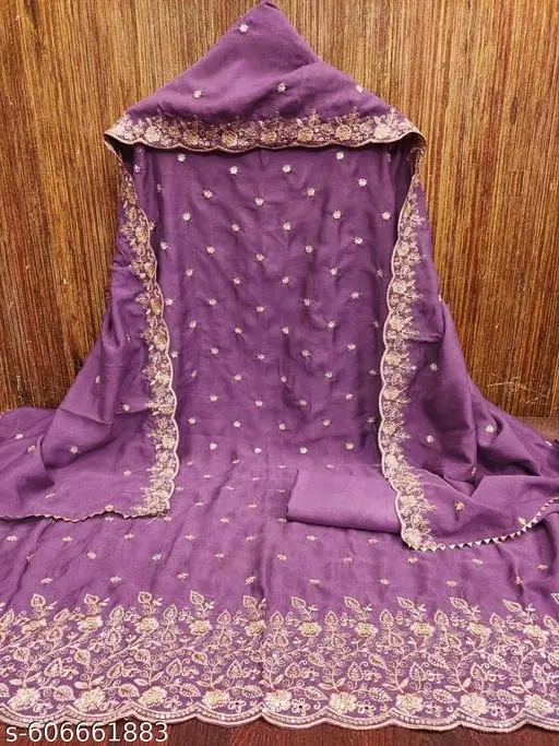 Lucknowi Embroidered Vichitra Silk Unstitched Dress Material (Lavender, 5.85 meter (S)
