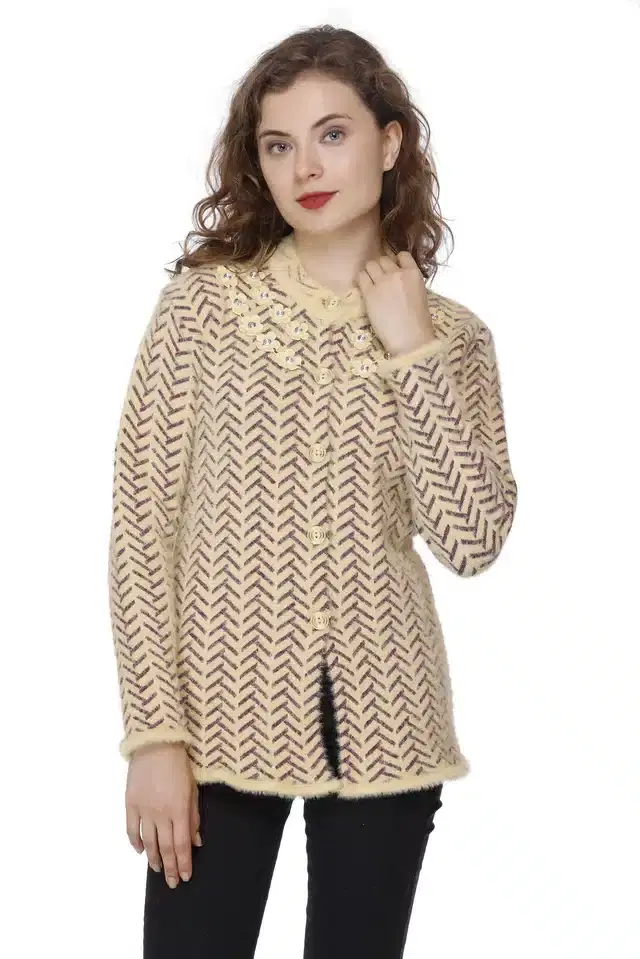Woolen Embroidered Cardigan for Women (Beige, Free Size)