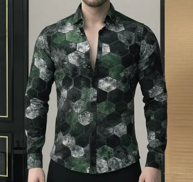 Lycra Geometric Print Shirt for Men, Green (S)