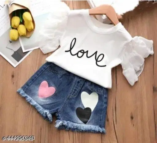 Hosiery Cotton & Denim Printed Clothing Set for Kids, White (9-12 Months)