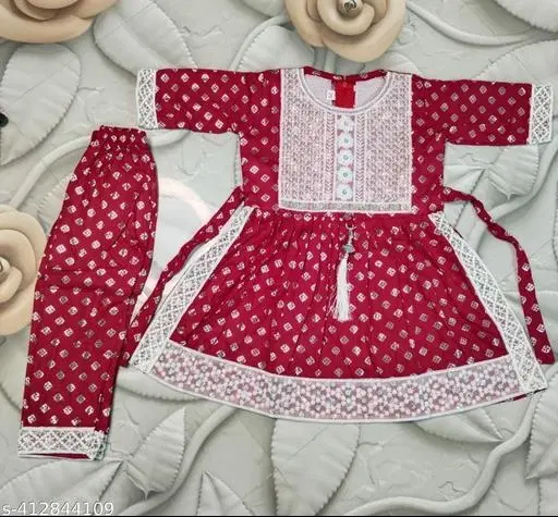 Rayon Kurta Set for Girls (Red, 12-18 Months)