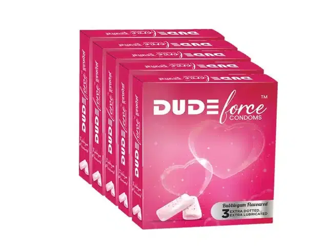 Dude Force 3 Pcs Bubblegum Flavoured Condoms for Men, Set of 5