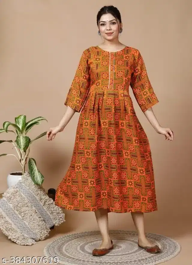 Rayon Printed Fidding Kurti for Women (Orange, XXL)