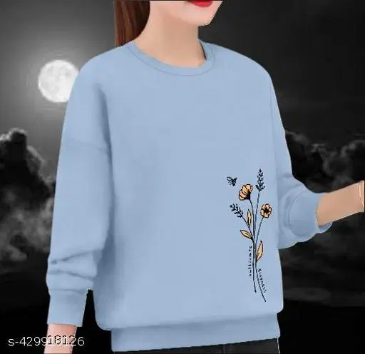 Cotton Printed Sweatshirt for Women (Sky Blue, XS)