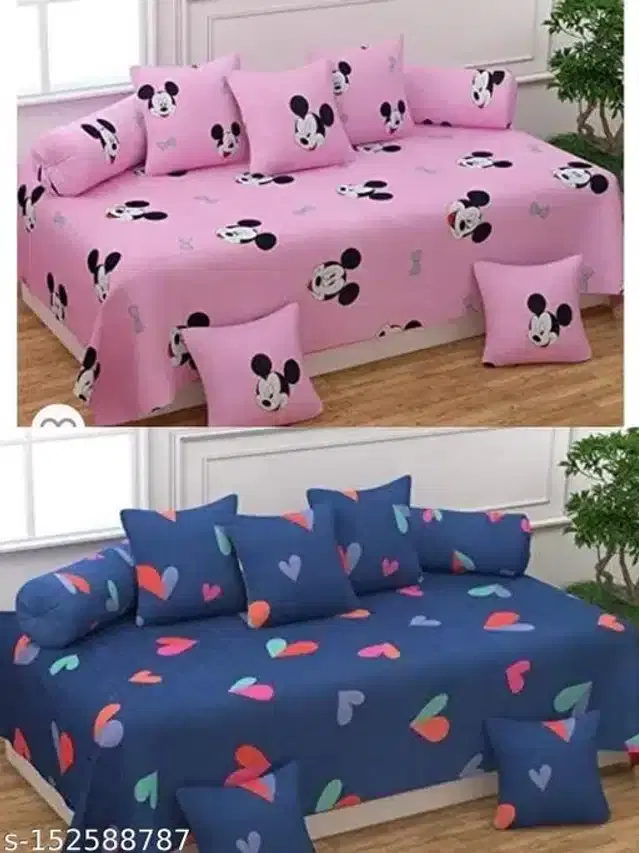 Polycotton Diwan Cover Set, Pink & Blue, Combo of 2
