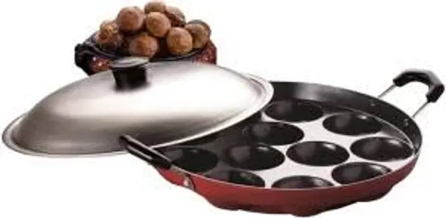 ZODEX 12 Cavities Non Stick Appam Patra with Lid and Side Handle, Multicolor, 21 cm