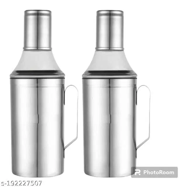 Oil Bottle with Handle & Cleaning Brushs, Pack of 2, Silver, 1000 ml
