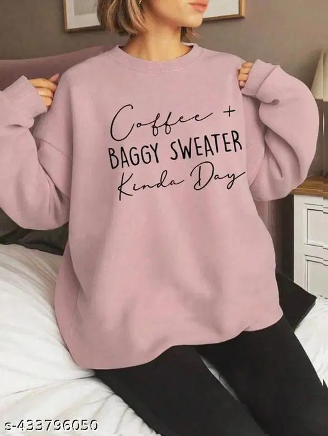 Fleece Printed Sweatshirt for Women (Pink, S)