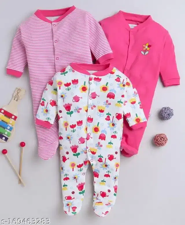Cotton Rompers for Kids (Dark Pink & White, 0-3 Months)