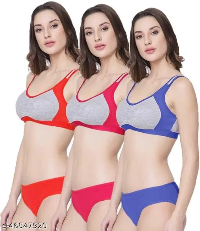 Cotton Blend Solid Lingerie Set for Women, Pack of 3 (Multicolor, 30A)