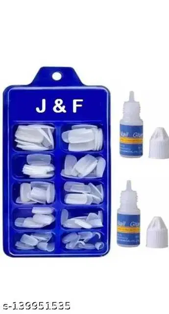 Finger Empress Tips Fake Nails with Glue Bottle White, Pack of 100, White, Glue Set of 2 Pcs, SE-07