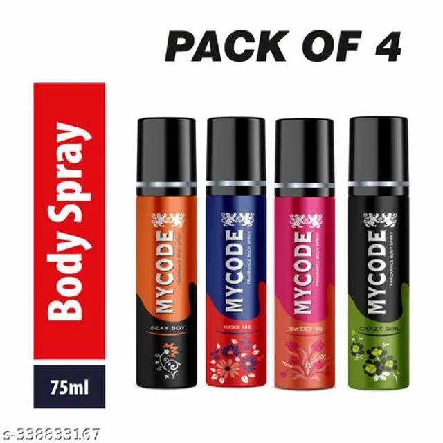 Combo of MYCODE Kiss Me, Crazy Girl, Sweet 16 & Sexy Boy Fragrance Body Spray for Men, 75 ml, Pack of 4