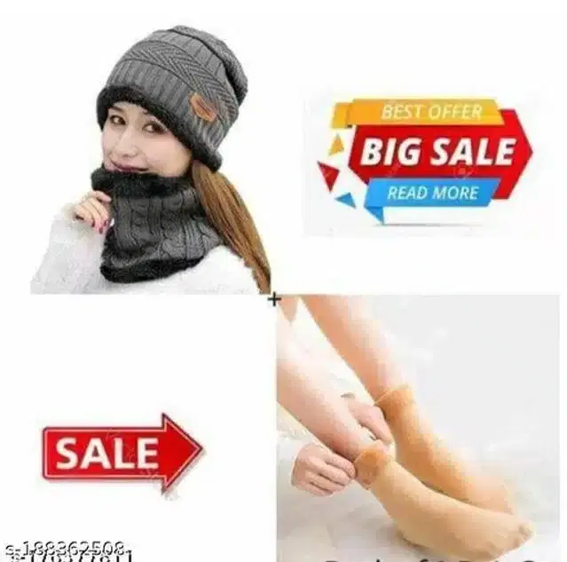 Woolen Winter Beanie Cap with Neck Warmer & Socks for Women, Set of 2 (Grey & Beige, Free Size)