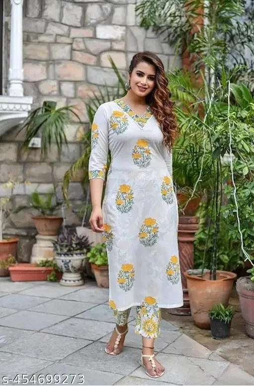 Rayon Printed Kurta with Pant for Women, White (XS)