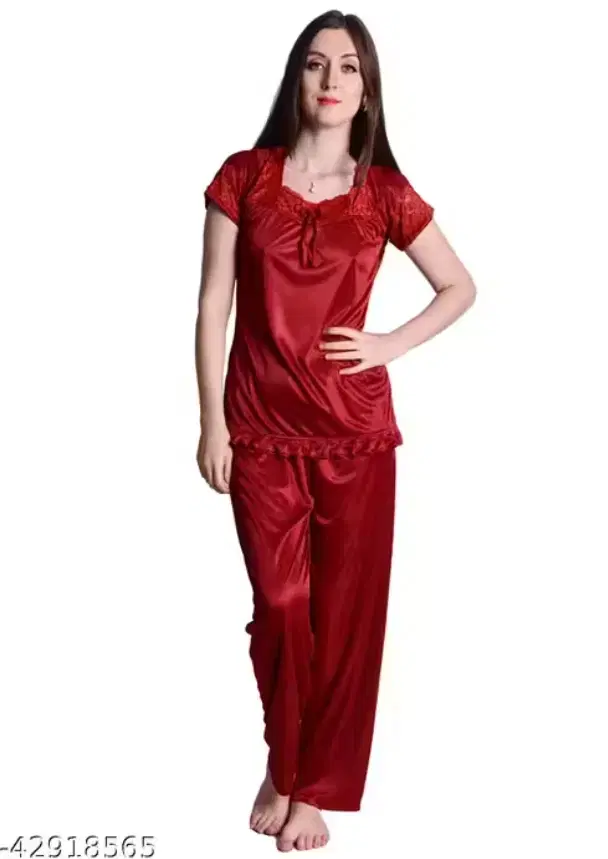Comfortable Satin Nightsuits for Women, Red (M)
