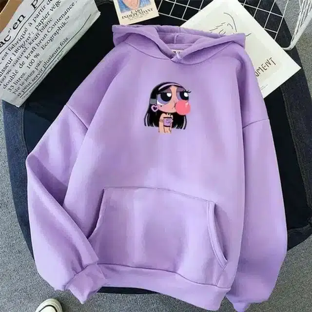 Fleece Self-Design Hoodies for Women (Lavender, M)