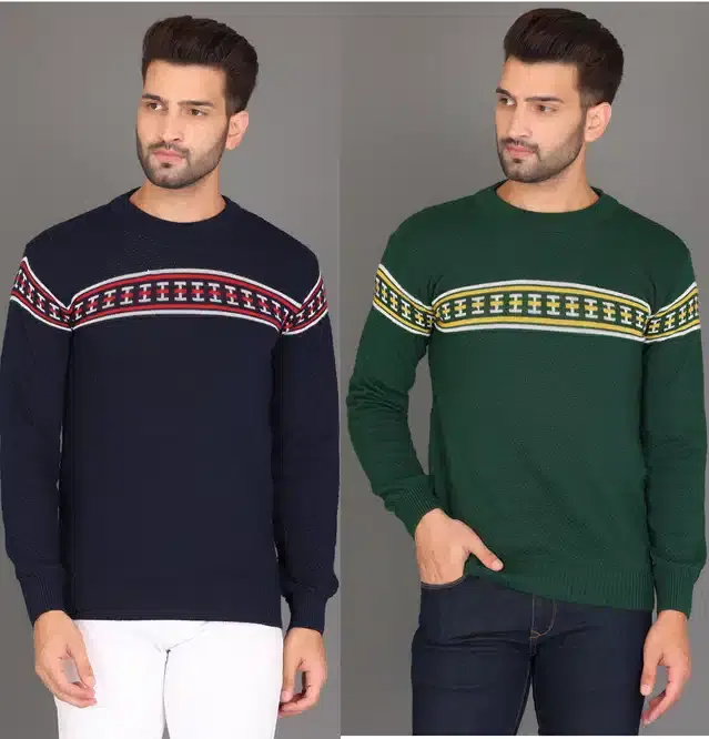 Cotton Jersey Printed Sweater for Men, Pack of 2 (Navy Blue & Green, M)